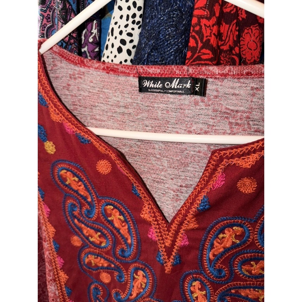 455. Boho Womens XL Red Paisley Embroidered V-Neck Boho Tunic Mini Dress - Picture 5 of 6